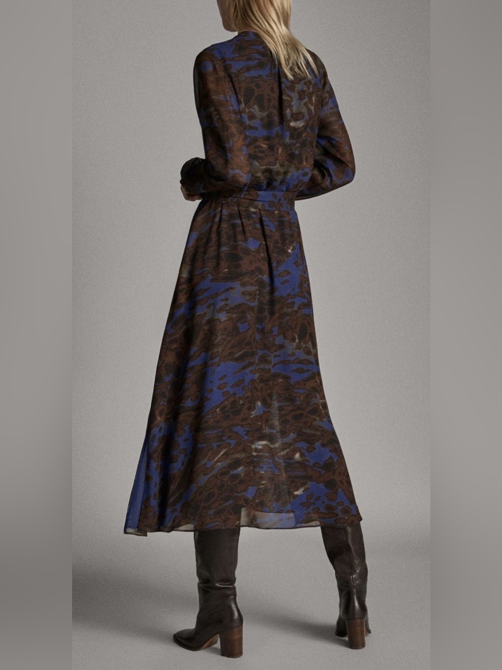 Massimo Dutti Blue and Brown Patterned Midi Dress